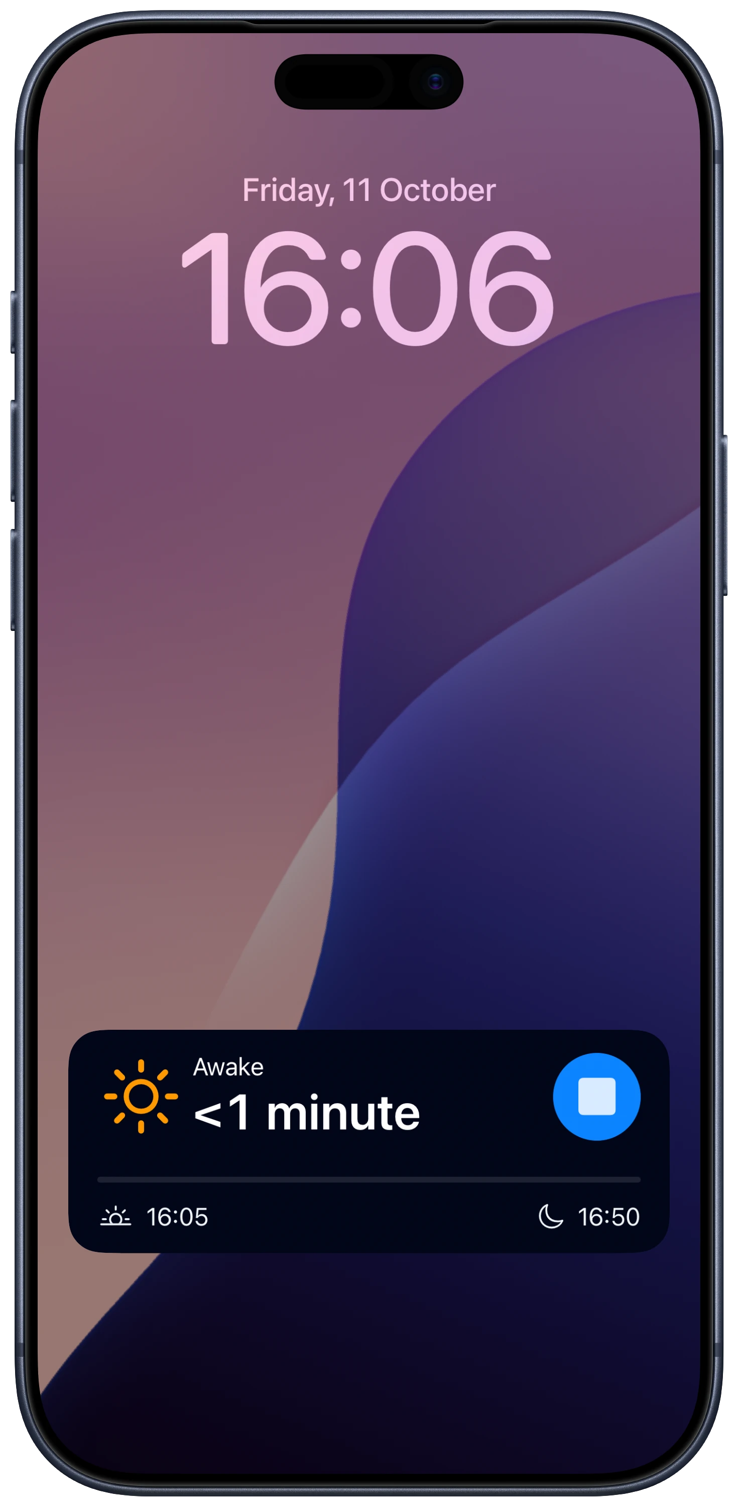 The Wake Wise Live Activity on the Lock Screen, showing the baby awake for less than a minute