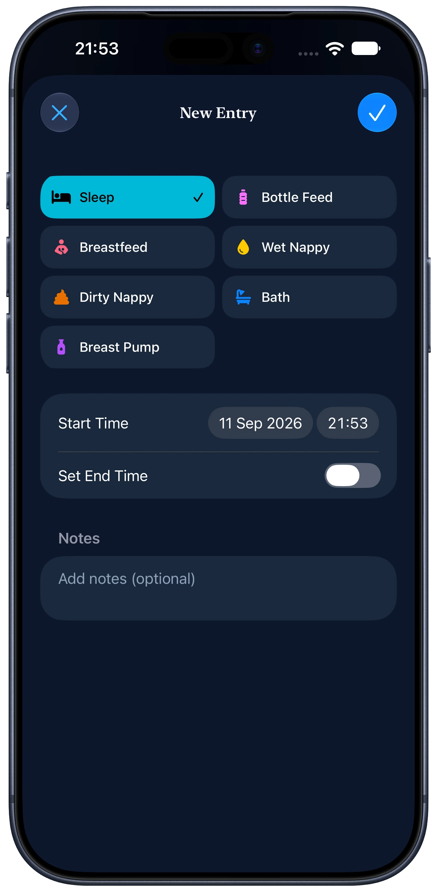 The Wake Wise New Entry screen with sleep, feed, nappy, bath and pump options