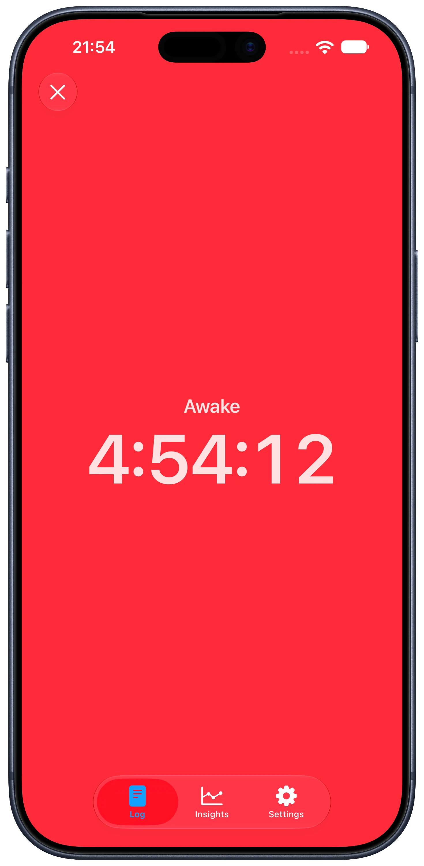 The Wake Wise full-screen red light showing the awake timer