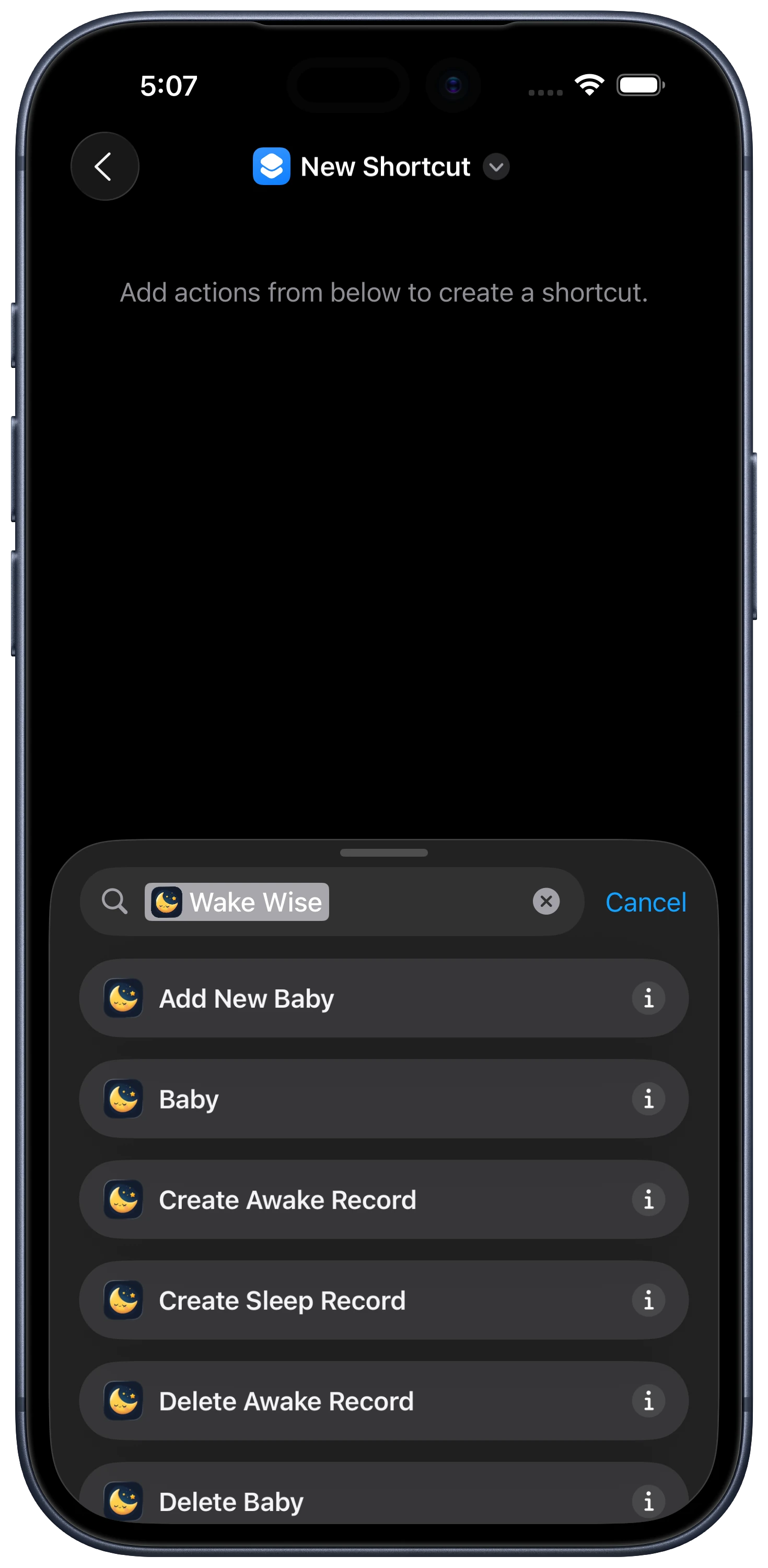 Wake Wise actions in the Shortcuts app, such as Create Sleep Record
