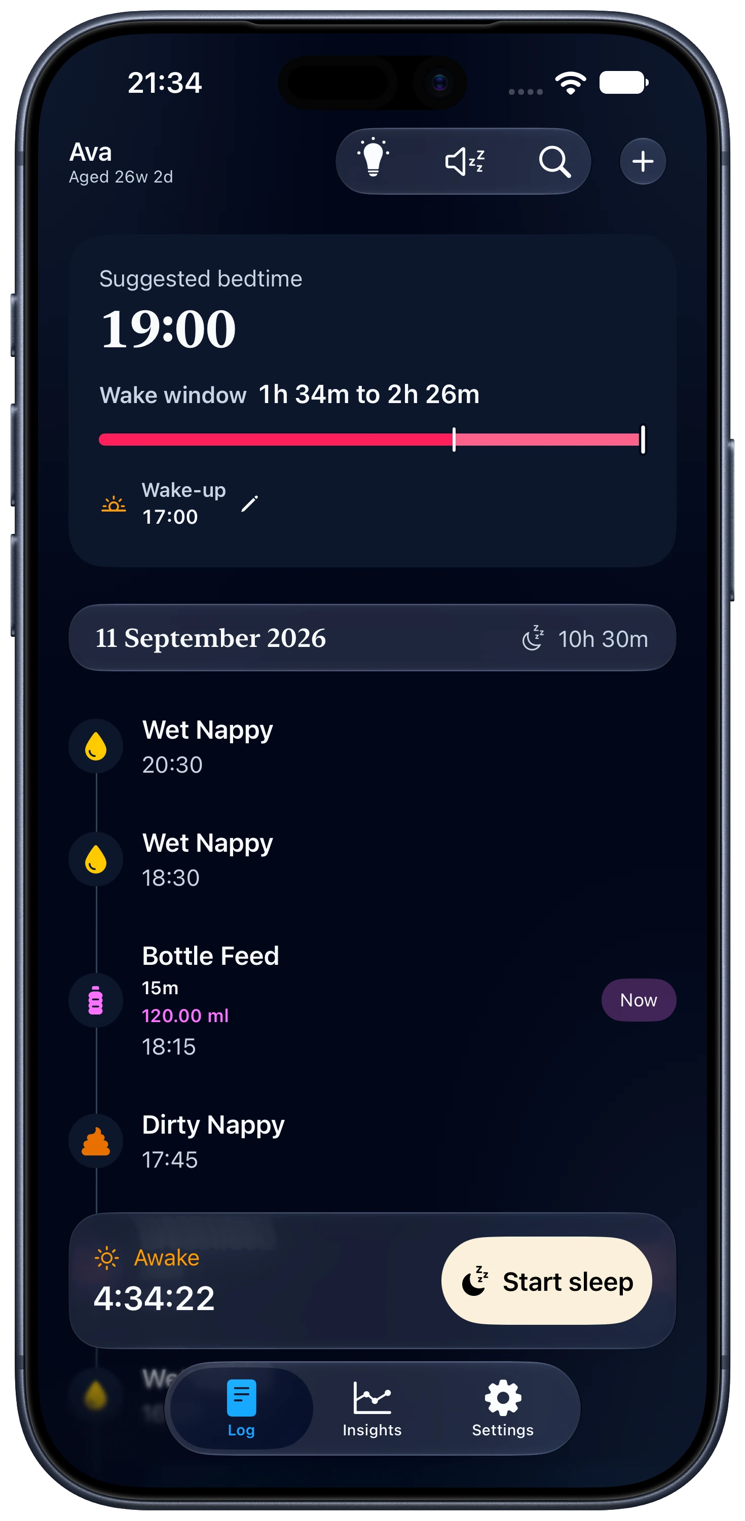 Wake Wise sleep log showing awake time and a Pro next-sleep estimate