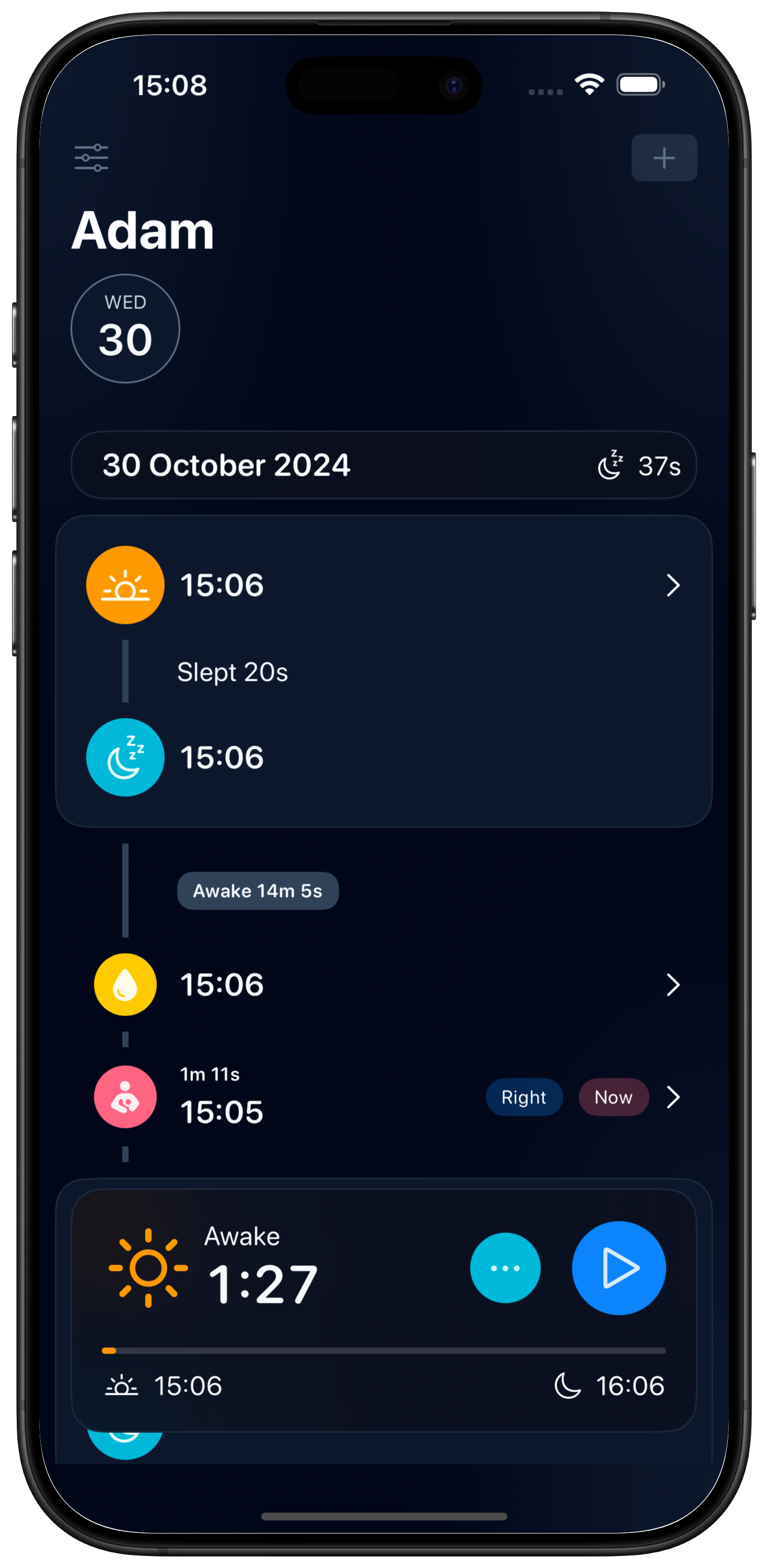 Main View of Wake Wise displaying the baby sleep tracker bedtime suggestions.