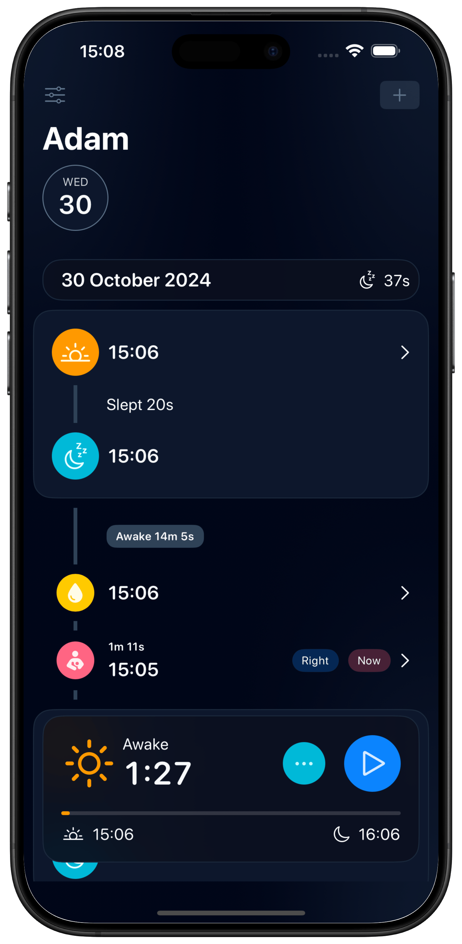 Main View of Wake Wise displaying the baby sleep tracker app bedtime suggestions.