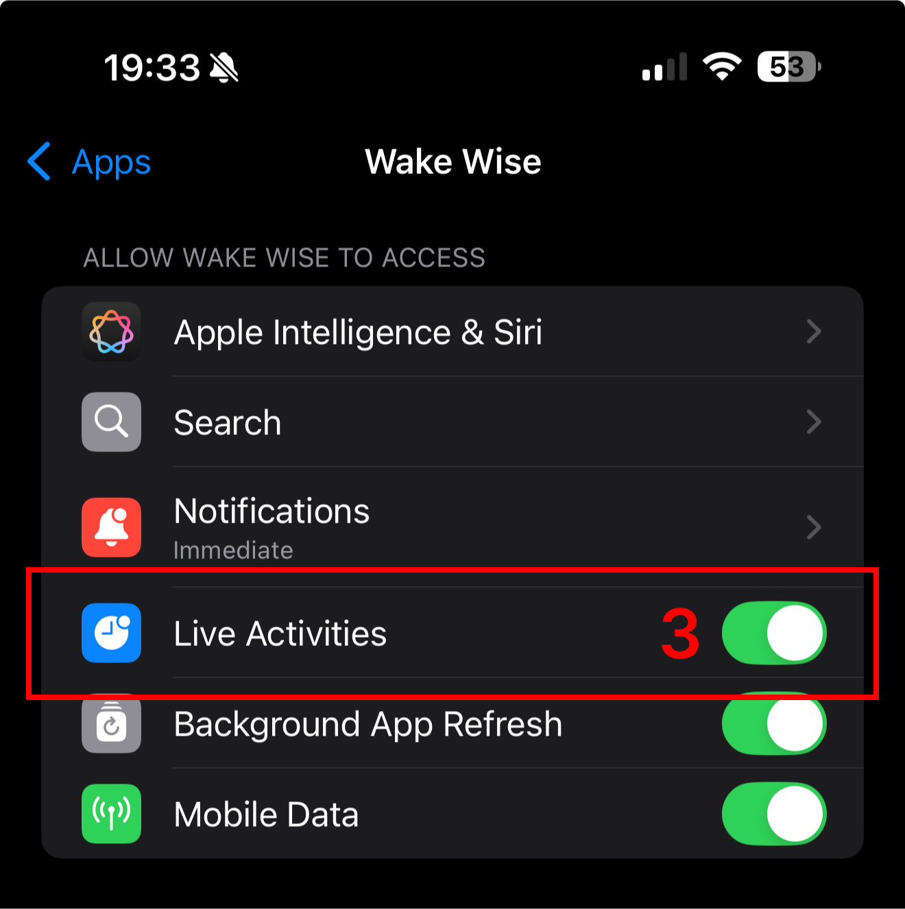 Lock screen live activities toggle button within wake wise settings