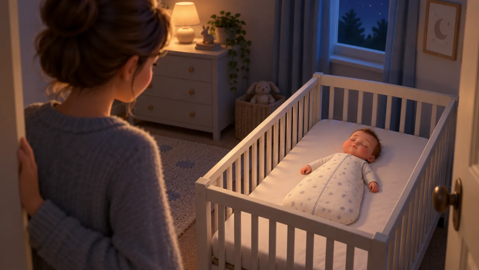 A parent looks in from the nursery doorway at a baby asleep on their back in a sleeping bag in a clear cot.