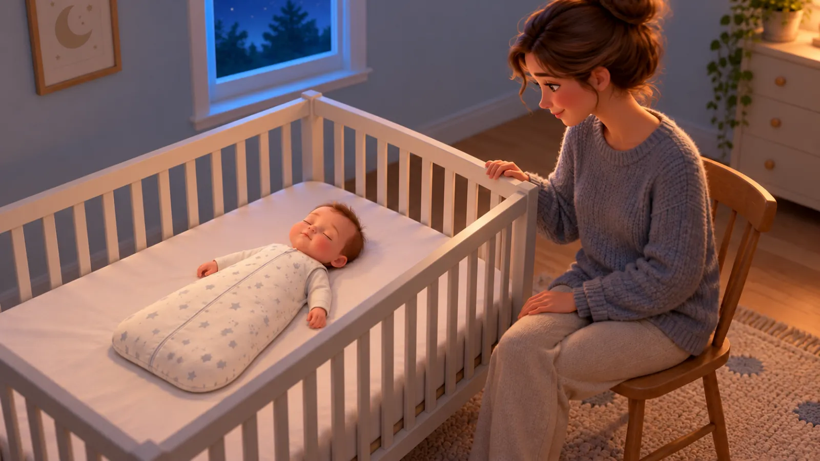 A parent sits on a chair beside the cot, one hand on the rail, as a baby sleeps on their back in a clear cot.