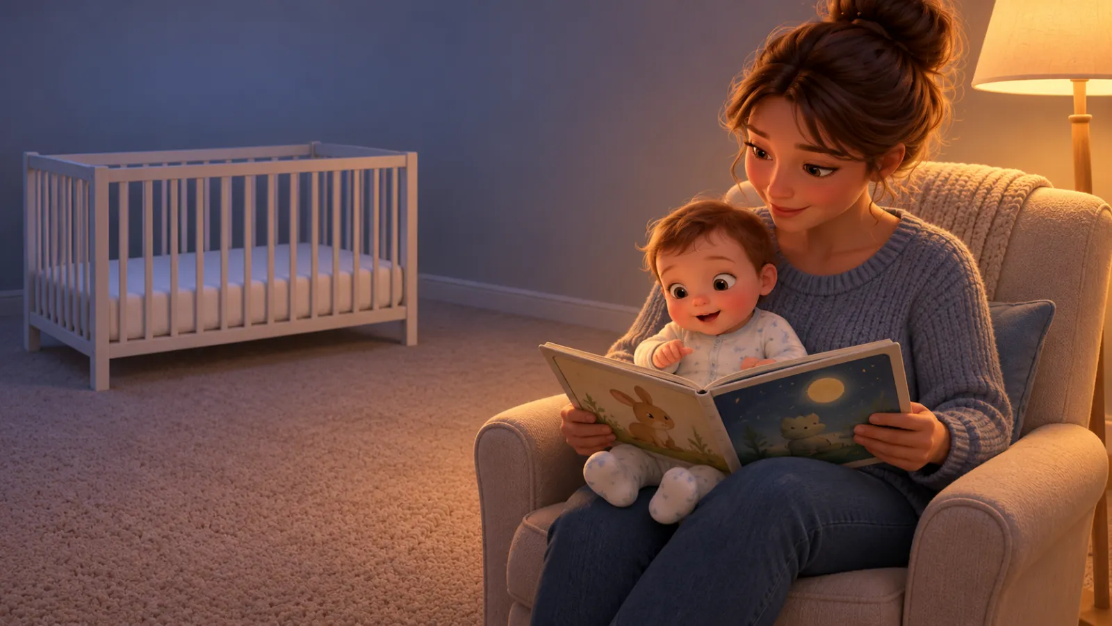 A parent in a nursing chair reads a picture book to a baby on their lap by lamplight, with an empty cot behind.