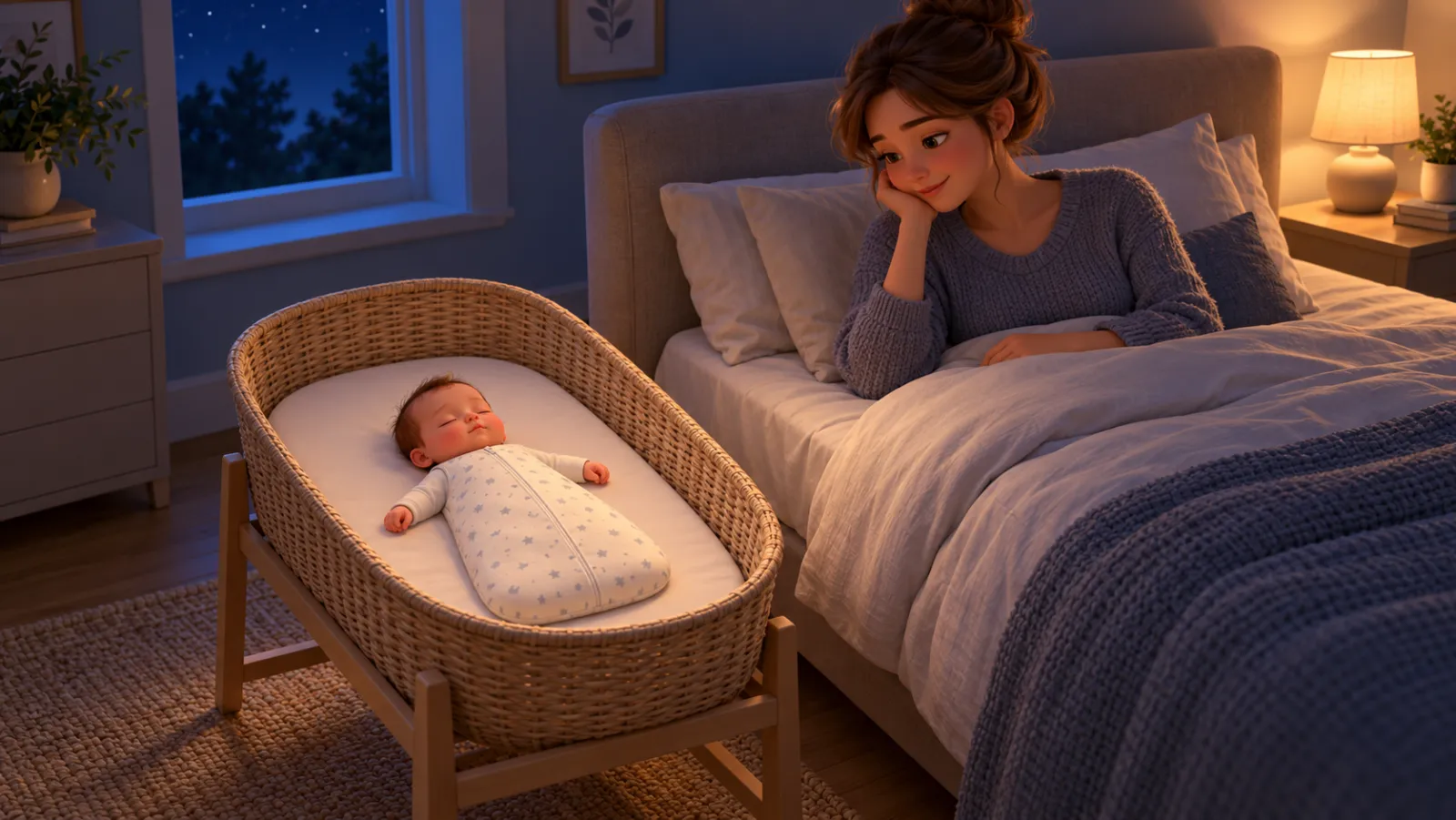 A newborn sleeps on their back in a clear Moses basket beside the bed while a parent lies awake watching.
