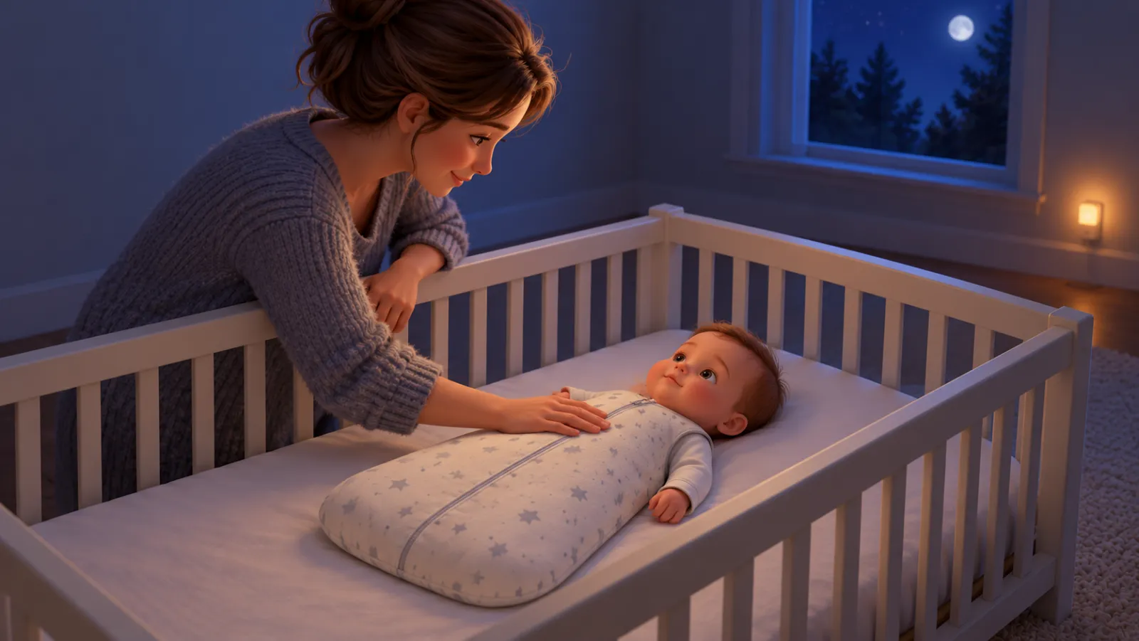 At night, a parent leans over a cot to settle a wakeful baby lying on their back in a sleeping bag.