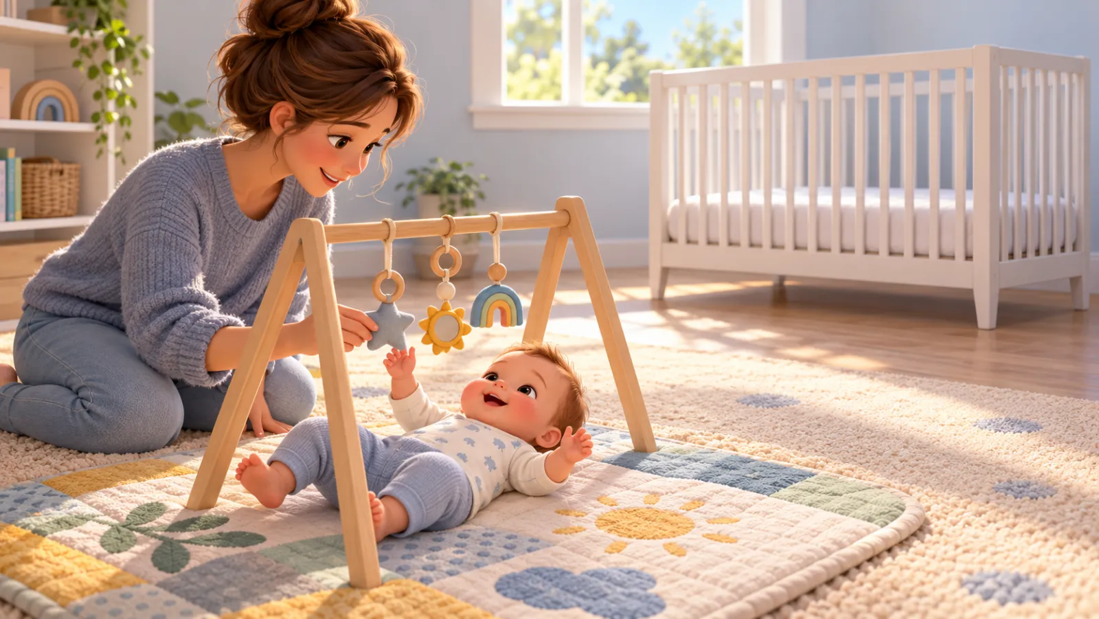 A baby lies awake on a play mat under a wooden play gym while a parent kneels beside them in a sunny nursery.