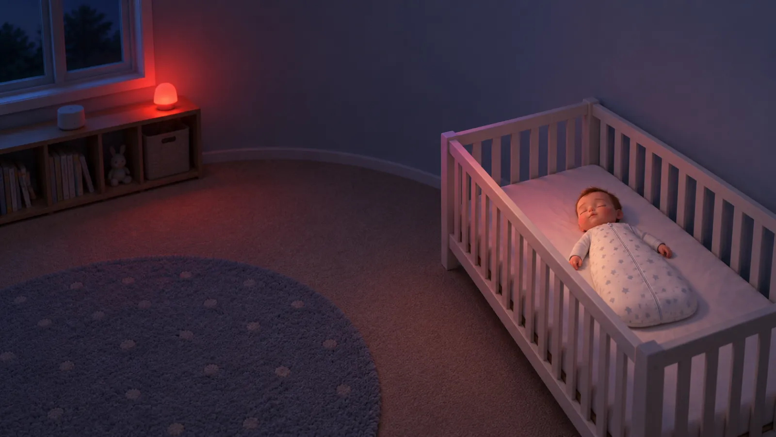 A baby sleeps on their back in a clear cot, with a red night light and white-noise machine across the room.